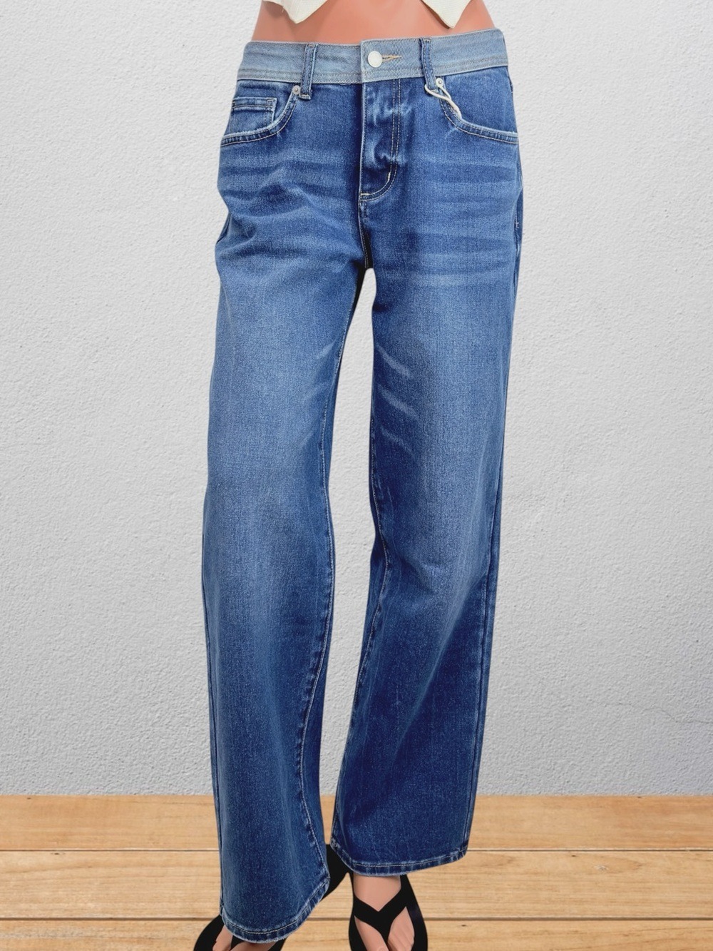 NWT Wide Leg Colorblock Flap Pocket Waistband Two Tone Jeans M FLAMINGALS